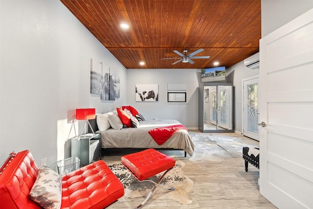 101 Rolling Hills Rd, Blanco, TX 78606 - bedroom with wood ceiling, a wall unit AC, access to outside, light wood-type flooring, and recessed lighting