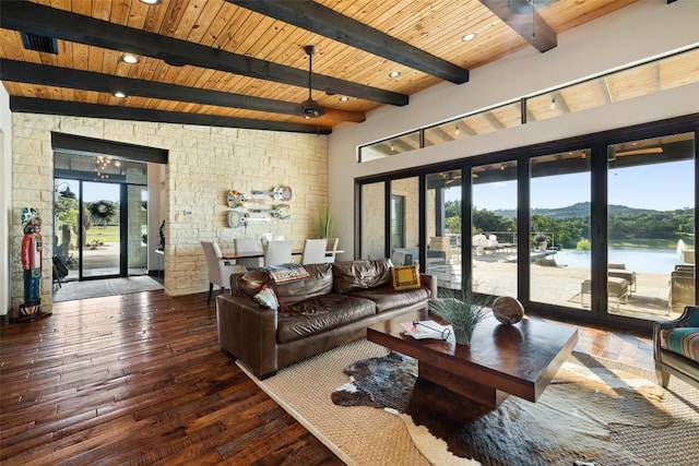 101 Rolling Hills Rd, Blanco, TX 78606 - living room featuring hardwood / wood-style floors, plenty of natural light, and a wooden ceiling with exposed beams