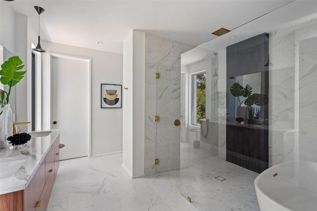 1203 Richcreek Rd, Austin, TX 78757 - full bathroom with vanity, a marble finish shower, marble finish flooring, and a freestanding bath