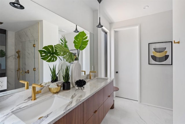 1203 Richcreek Rd, Austin, TX 78757 - bathroom featuring a stall shower, double vanity, and marble finish flooring