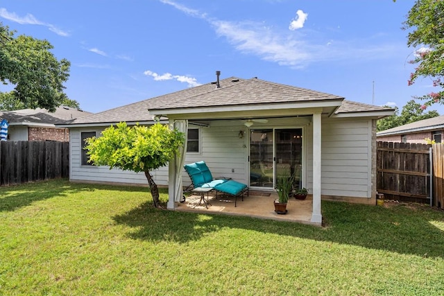 2010 Hawksbury Way, Cedar Park, TX 78613 - rear view of house with a fenced backyard, a patio area, a ceiling fan, and roof with shingles