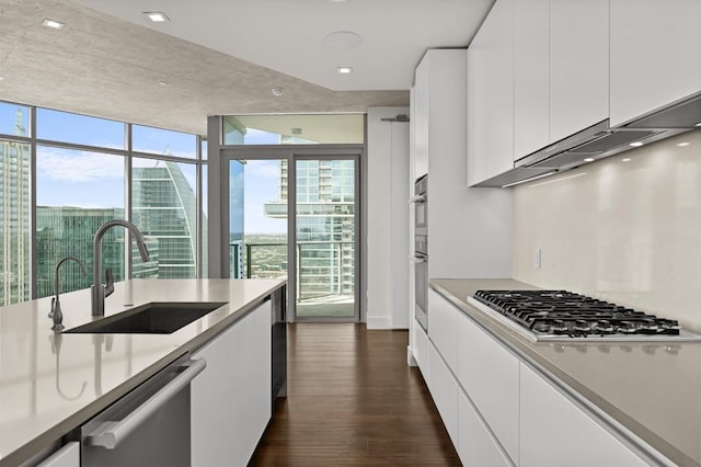 501 W Ave Unit 3201, Austin, TX 78701 - kitchen with stainless steel appliances, dark wood-style floors, white cabinetry, and expansive windows