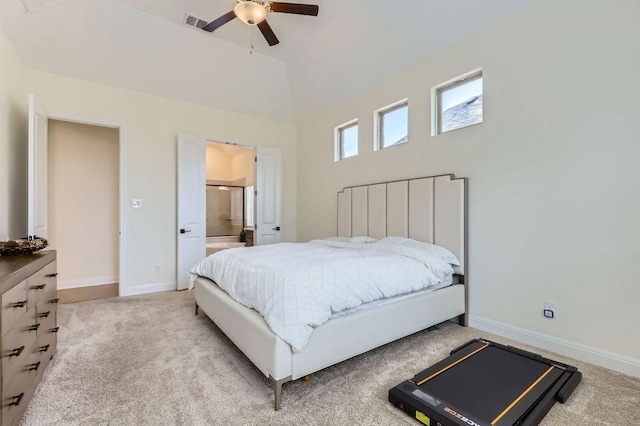 1505 Sibley Way, Leander, TX 78641 - bedroom featuring light carpet, high vaulted ceiling, ensuite bathroom, and ceiling fan