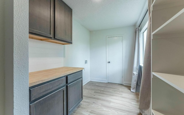 1623 Peachtree Valley Dr, Round Rock, TX 78681 - kitchen featuring light wood-style floors, a textured ceiling, and dark brown cabinetry