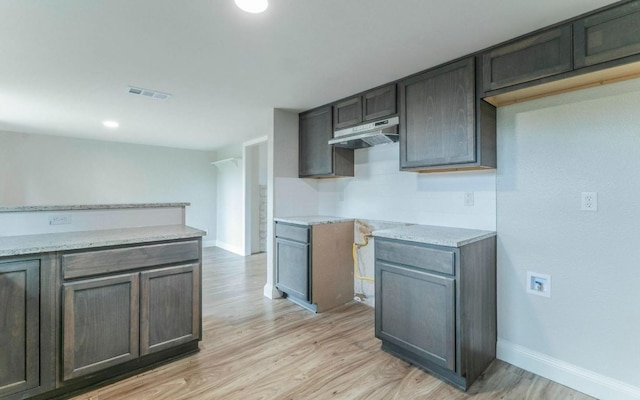 1623 Peachtree Valley Dr, Round Rock, TX 78681 - kitchen featuring under cabinet range hood, light wood-style floors, dark brown cabinets, and recessed lighting