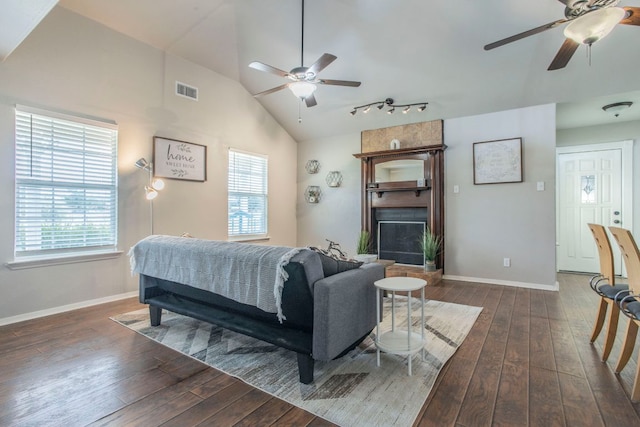 14596 Touchstone Rd Unit 3, Atascosa, TX 78002 - living area featuring a ceiling fan, hardwood / wood-style flooring, plenty of natural light, vaulted ceiling, and rail lighting