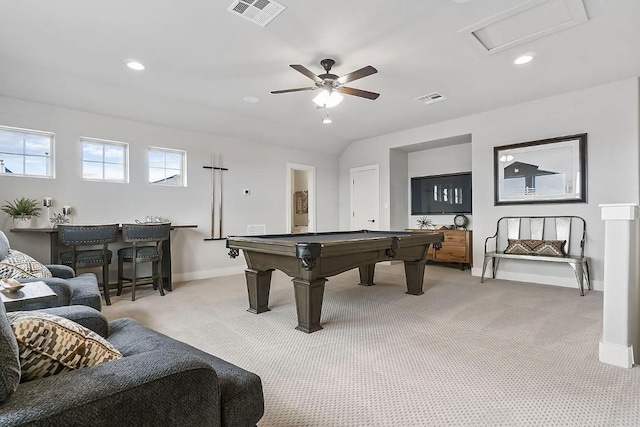 113 Charro Ct, Georgetown, TX 78633 - recreation room featuring light colored carpet, attic access, ceiling fan, recessed lighting, and pool table
