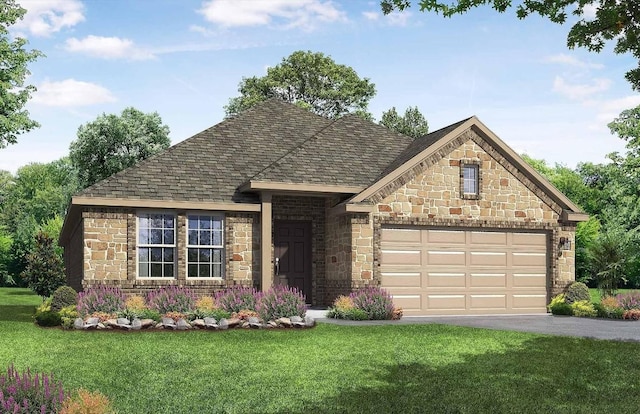 113 Charro Ct, Georgetown, TX 78633 - view of front of house featuring stone siding, a front lawn, an attached garage, and asphalt driveway