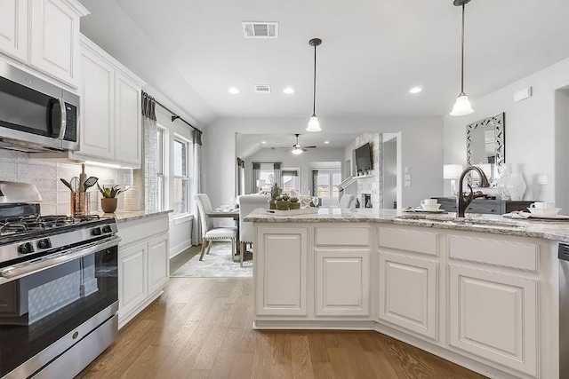 113 Charro Ct, Georgetown, TX 78633 - kitchen featuring stainless steel appliances, a ceiling fan, light wood finished floors, white cabinets, and healthy amount of natural light