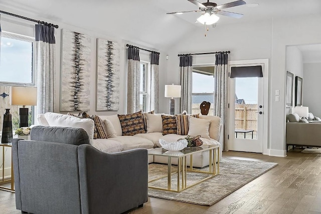 113 Charro Ct, Georgetown, TX 78633 - living area with ceiling fan, wood finished floors, and lofted ceiling
