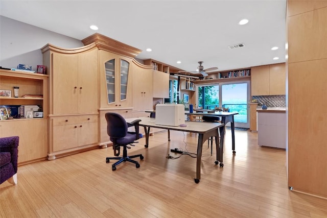 3309 Westhill Unit A & B, Austin, TX 78704 - home office with ceiling fan, light wood-style flooring, and recessed lighting