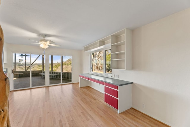 3309 Westhill Unit A & B, Austin, TX 78704 - kitchen featuring open shelves, light wood-style flooring, ceiling fan, and dark countertops