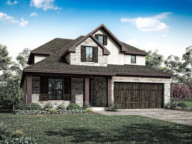 109 Charro Ct, Georgetown, TX 78633 - french country inspired facade featuring stone siding, a garage, concrete driveway, and a front lawn