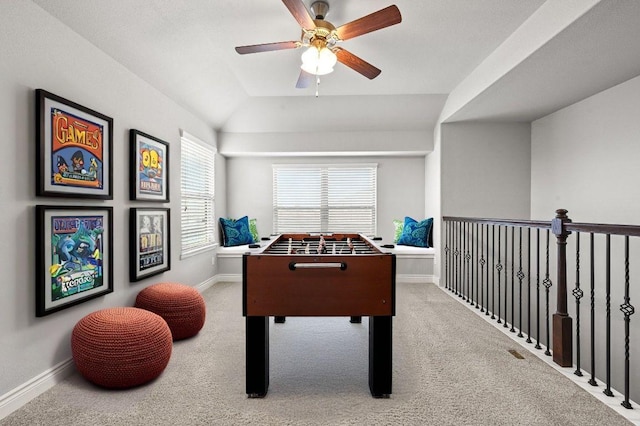 19113 Melwas Way, Pflugerville, TX 78660 - rec room featuring a ceiling fan, carpet floors, and vaulted ceiling