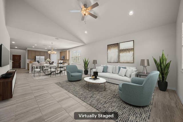 205 Falkland St, Hutto, TX 78634 - living area with recessed lighting, a ceiling fan, a chandelier, and lofted ceiling