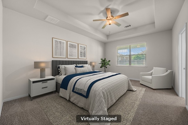 205 Falkland St, Hutto, TX 78634 - bedroom featuring a raised ceiling, carpet floors, and ceiling fan