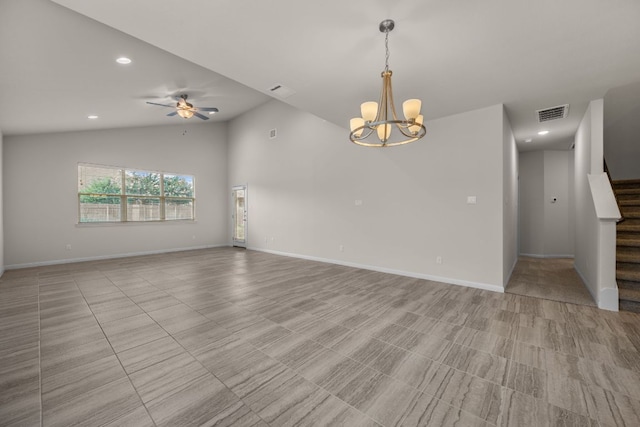 205 Falkland St, Hutto, TX 78634 - spare room featuring stairs, a chandelier, lofted ceiling, ceiling fan, and recessed lighting