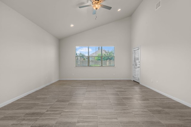 205 Falkland St, Hutto, TX 78634 - empty room featuring a ceiling fan, high vaulted ceiling, and recessed lighting