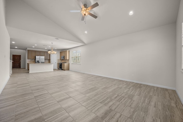 205 Falkland St, Hutto, TX 78634 - unfurnished living room with a chandelier, recessed lighting, a ceiling fan, vaulted ceiling, and light tile patterned flooring