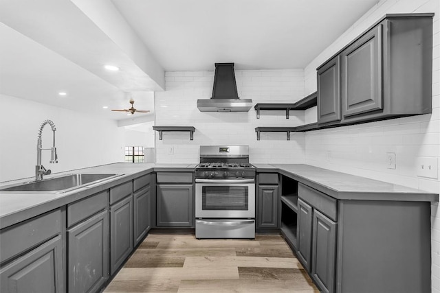 1524 E E Ave B, Temple, TX 76501 - kitchen with gas stove, open shelves, gray cabinets, custom range hood, and recessed lighting