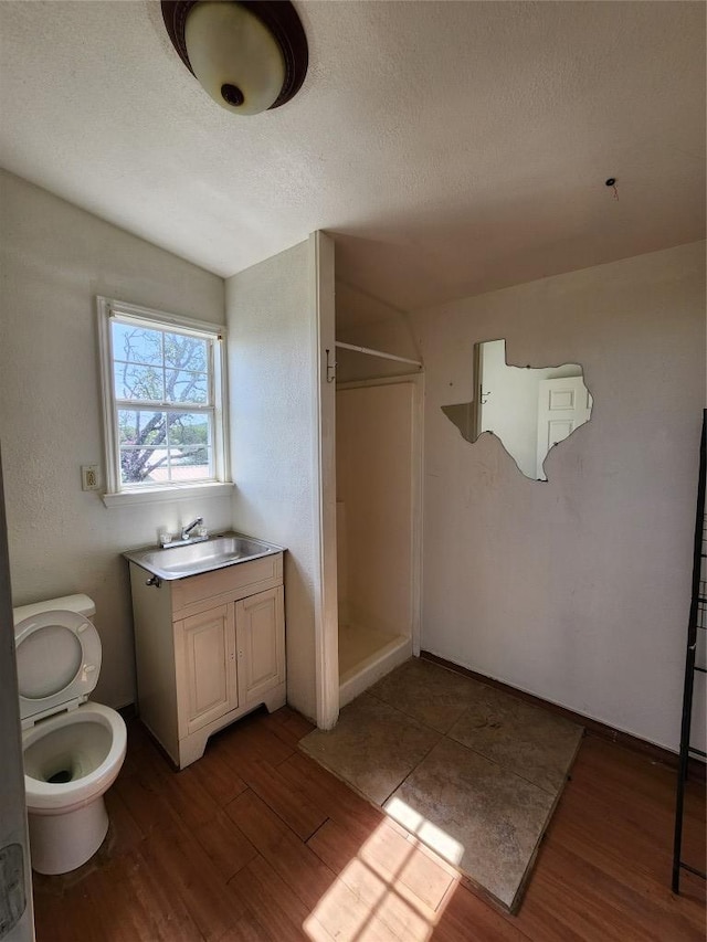 200 Nature Dr, Burnet, TX 78611 - bathroom featuring a stall shower, wood finished floors, a textured ceiling, vanity, and vaulted ceiling