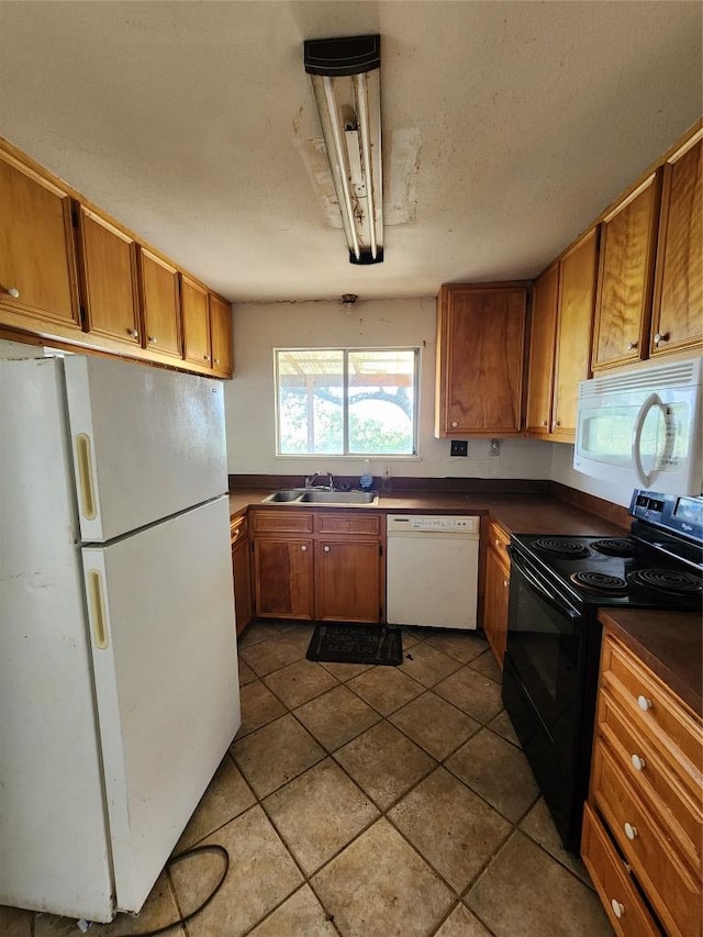 0 Monte Vista Dr, Burnet, TX 78611 - kitchen with white appliances, dark countertops, brown cabinetry, and dark tile patterned floors