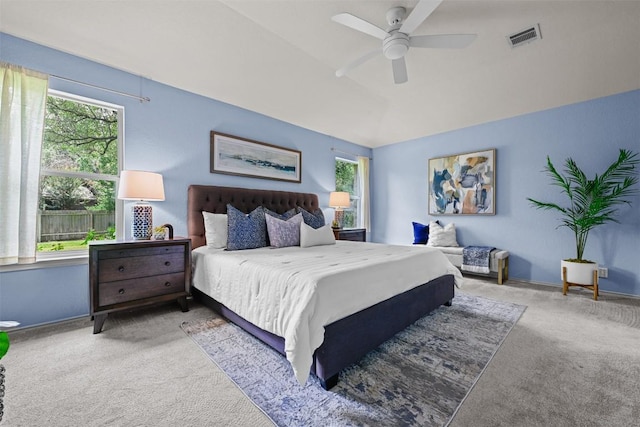 3305 Blue Ridge Dr, Round Rock, TX 78681 - bedroom featuring carpet flooring, lofted ceiling, and a ceiling fan