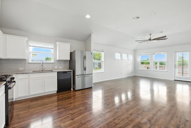 337 Spiny Lizard Ln, San Marcos, TX 78666 - kitchen with black appliances, vaulted ceiling, plenty of natural light, open floor plan, and dark wood-type flooring