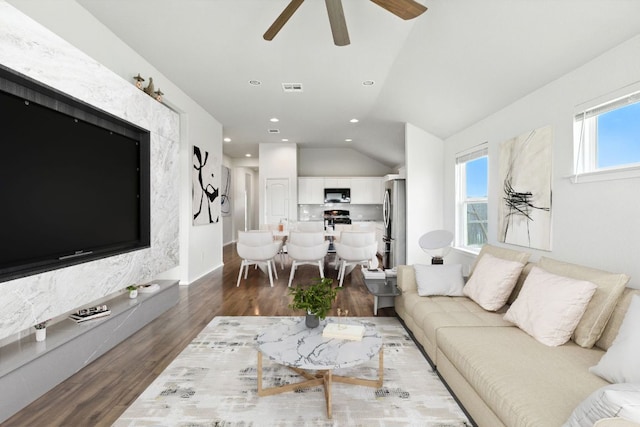 337 Spiny Lizard Ln, San Marcos, TX 78666 - living area with vaulted ceiling, wood finished floors, ceiling fan, and recessed lighting