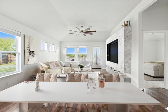 337 Spiny Lizard Ln, San Marcos, TX 78666 - living room featuring lofted ceiling, ceiling fan, and wood finished floors