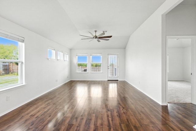 337 Spiny Lizard Ln, San Marcos, TX 78666 - unfurnished room with ceiling fan, dark wood-style flooring, and vaulted ceiling
