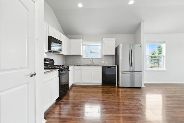 337 Spiny Lizard Ln, San Marcos, TX 78666 - kitchen featuring black appliances, plenty of natural light, lofted ceiling, dark wood finished floors, and white cabinets