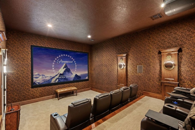 1216 Travis Bluff Way, Spicewood, TX 78669 - carpeted home theater with a textured ceiling, wallpapered walls, and recessed lighting