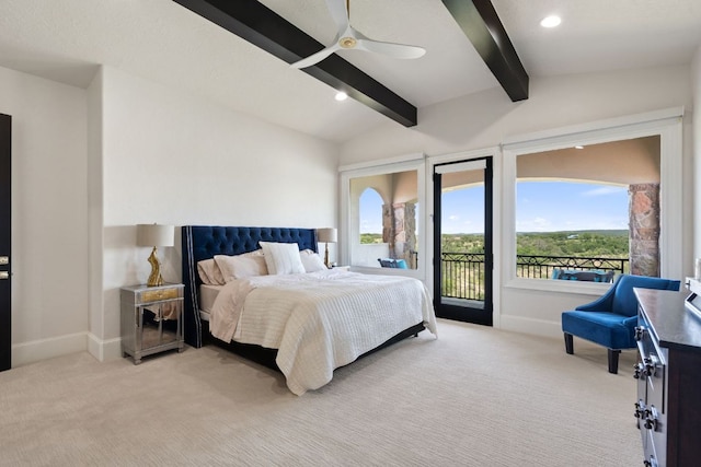 1216 Travis Bluff Way, Spicewood, TX 78669 - bedroom with access to outside, carpet, a ceiling fan, and recessed lighting