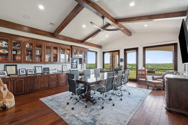 1216 Travis Bluff Way, Spicewood, TX 78669 - dining area with dark wood-type flooring, a ceiling fan, an office area, and recessed lighting