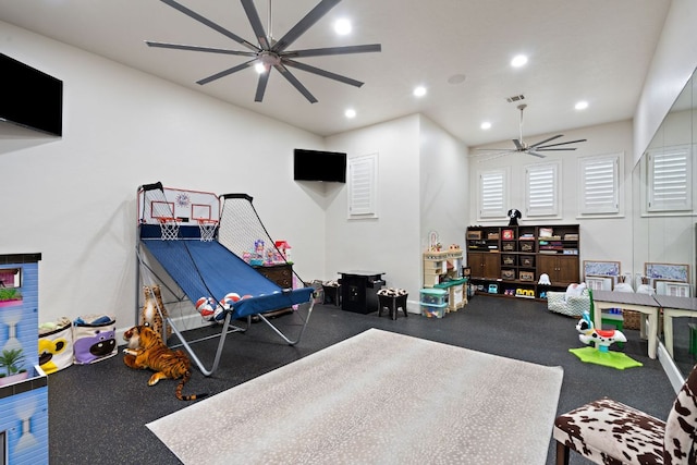 1216 Travis Bluff Way, Spicewood, TX 78669 - recreation room featuring ceiling fan, rubber floors, and recessed lighting
