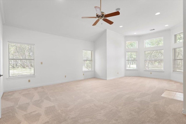 2905 Post River Rd, Cedar Park, TX 78613 - spare room with light colored carpet, a ceiling fan, high vaulted ceiling, recessed lighting, and crown molding