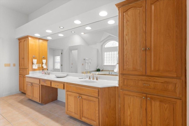 2905 Post River Rd, Cedar Park, TX 78613 - full bathroom featuring double vanity, recessed lighting, and tile patterned flooring