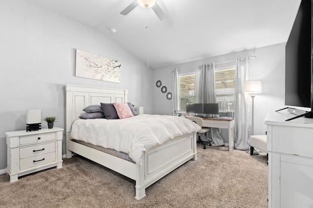 6045 Teodoro Bnd, Round Rock, TX 78665 - bedroom with light colored carpet, vaulted ceiling, and ceiling fan