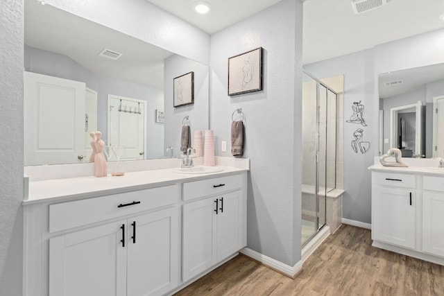 6045 Teodoro Bnd, Round Rock, TX 78665 - bathroom featuring a stall shower, wood finished floors, and vanity