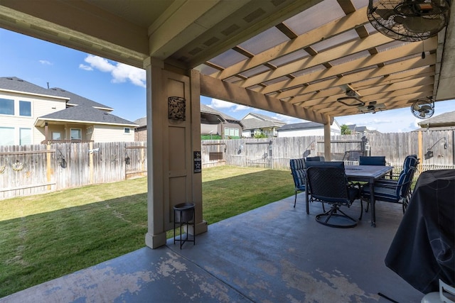 6045 Teodoro Bnd, Round Rock, TX 78665 - fenced backyard featuring outdoor dining area, a pergola, a patio area, a residential view, and a ceiling fan