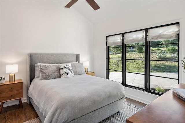 205 Hi Ridge Rd, Horseshoe Bay, TX 78657 - bedroom with lofted ceiling, wood finished floors, and ceiling fan