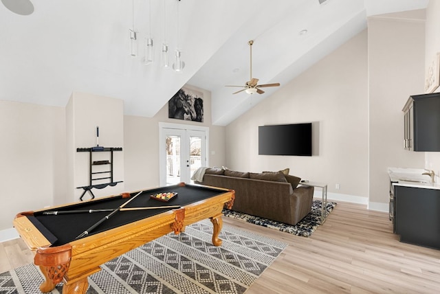 TBD Fm 3000, Elgin, TX 78621 - game room featuring french doors, light wood-style floors, a ceiling fan, high vaulted ceiling, and billiards