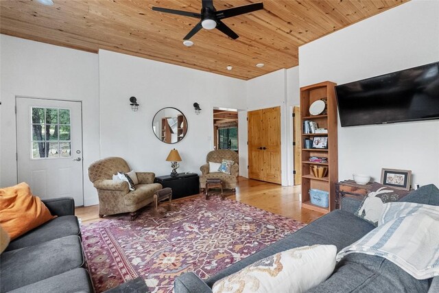 415 Balch Rd, Elgin, TX 78621 - living area with wood ceiling, wood finished floors, and ceiling fan