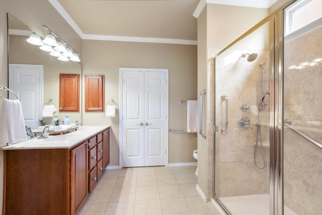 321 Summer Rd, Georgetown, TX 78633 - bathroom featuring double vanity, a stall shower, crown molding, and tile patterned flooring