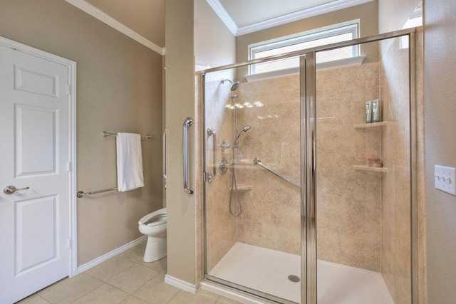 321 Summer Rd, Georgetown, TX 78633 - bathroom featuring ornamental molding, tile patterned flooring, and a shower stall