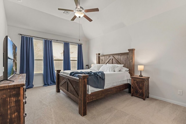232 Silver Pass, Kyle, TX 78640 - bedroom featuring light colored carpet, lofted ceiling, and a ceiling fan