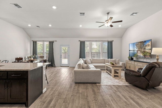 232 Silver Pass, Kyle, TX 78640 - living area featuring vaulted ceiling, light wood-style flooring, a ceiling fan, and recessed lighting