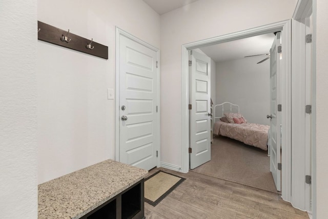 232 Silver Pass, Kyle, TX 78640 - mudroom with light wood-style floors and a ceiling fan