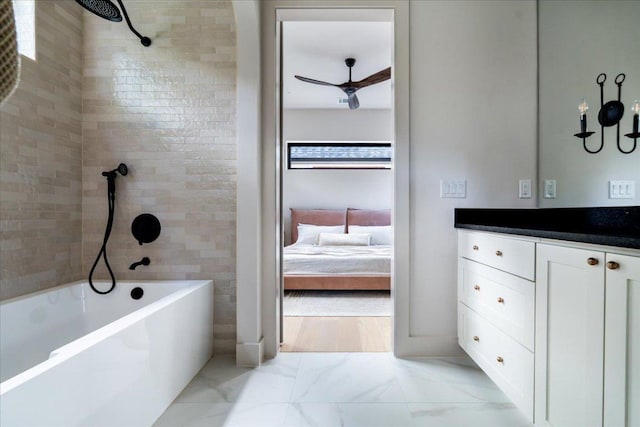 3003 W French Pl Unit 1, Austin, TX 78722 - ensuite bathroom with vanity, shower / washtub combination, marble finish flooring, and a ceiling fan